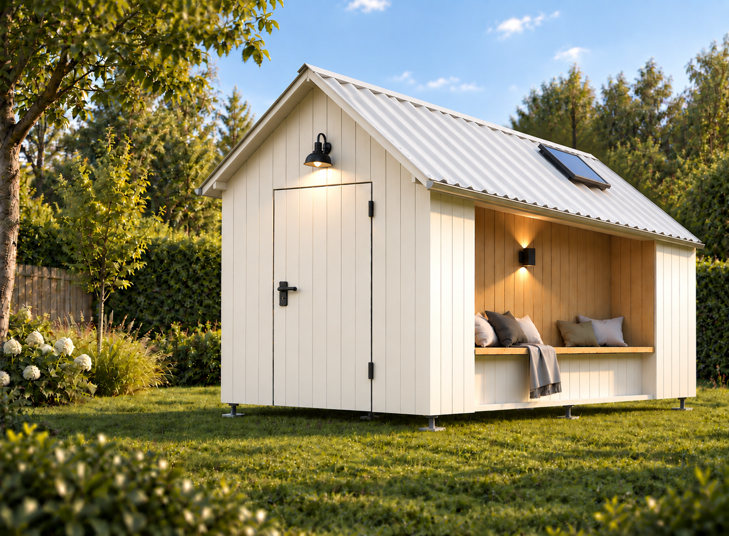Architect-designed garden shed with cream timber cladding, a dark standing-seam roof with an integrated solar panel, and an open lounge seating area with cushions
